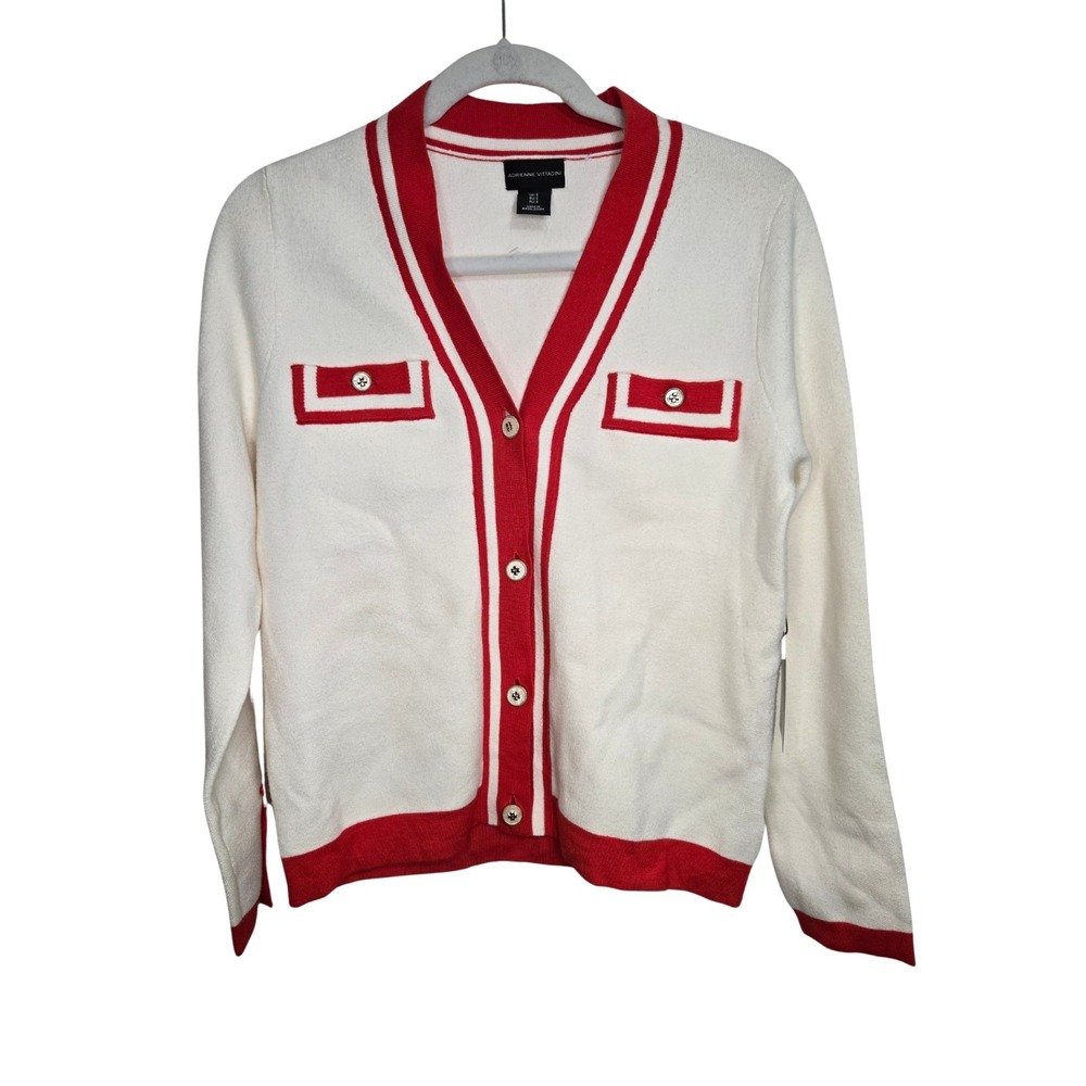 Adrienne Vittadini Women's V Neck Cardigan Sweater White Red Trim Size S NWT